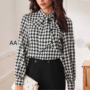 Classic Elegant Gingham Neck Tie Button Down Up Shirt Blouse Top Black White